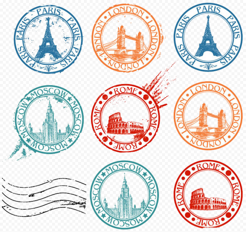 assorted color logo lot collage, Postage stamp Travel visa, Sights of the world postmark stamp, frame, ink