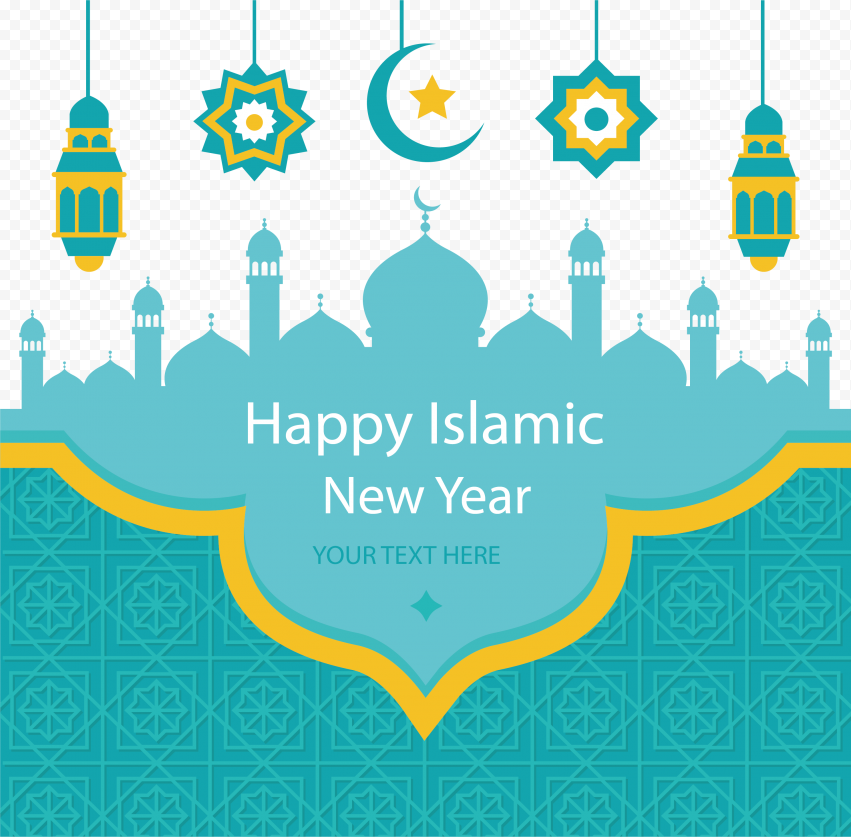 Islamic New Year Muslim Eid al Fitr Eid Mubarak, Green church chapel Poster, Happy Islamic New Year text, blue, text, wedding Invitation png