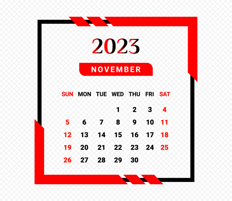 November Month 2023 Calendar With Red And Black PNG