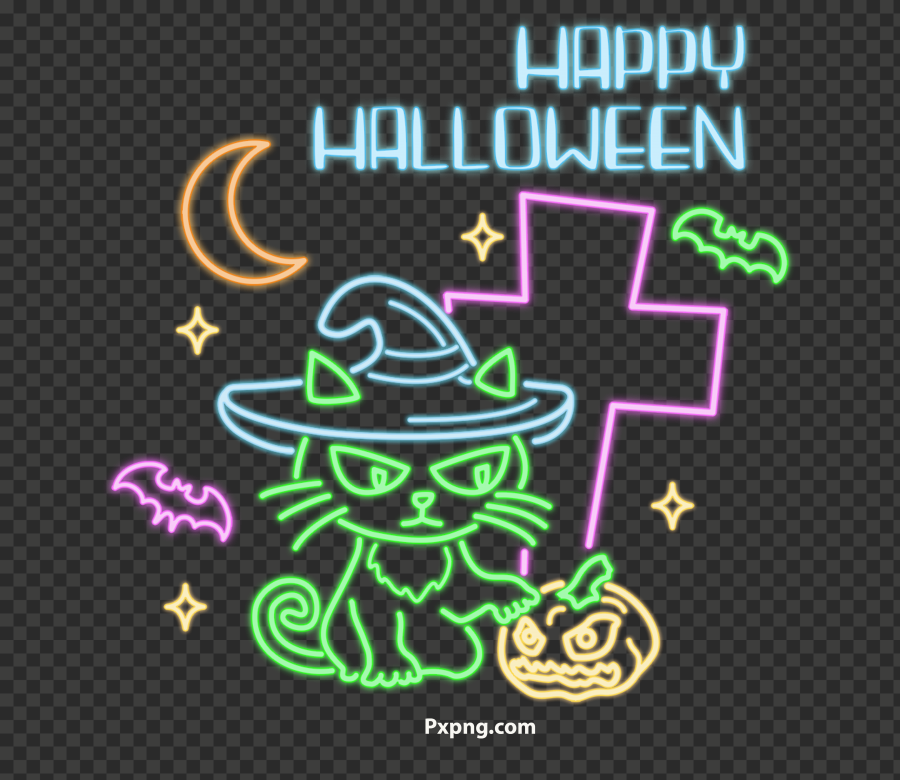 HD Happy Halloween Cat Neon PNG