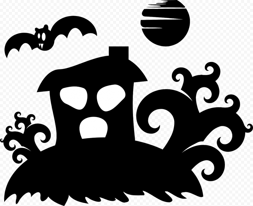 Spooky Halloween Scene Tree Bat Black Silhouette FREE PNG
