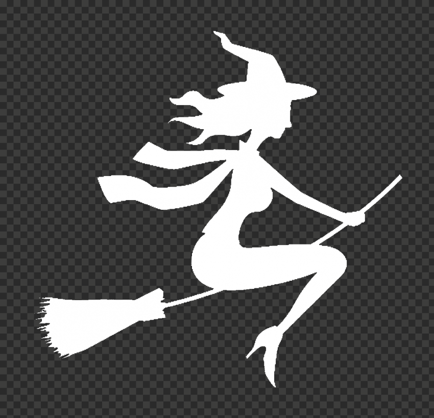 Halloween White Silhouette Of Witch Flying On Broom PNG Image
