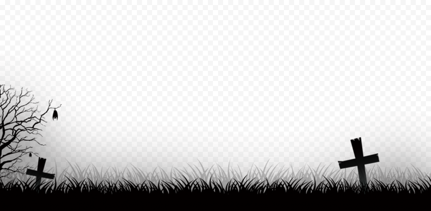 Black Halloween Tombstone Tree Scene Silhouette HD PNG