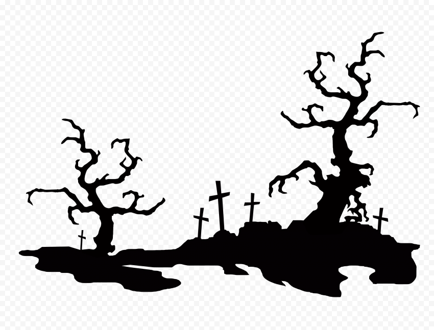 HD Halloween Black Cemetery & Scary Trees Silhouette PNG