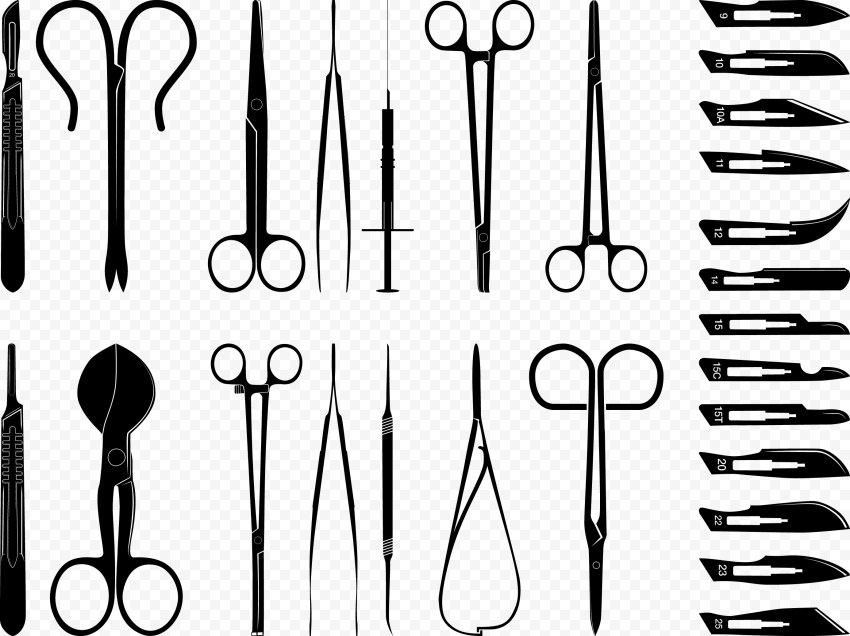 Medical equipment illustration, Surgical instrument Medicine Medical equipment Surgery, Various knives for surgery, text, logo, monochrome png