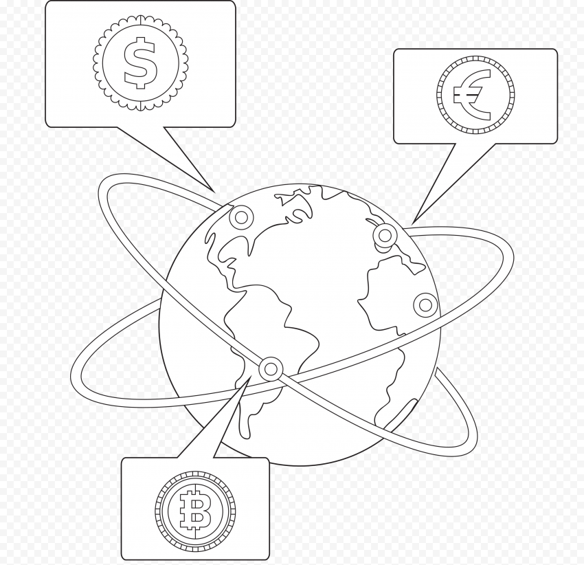 Forex trading backdrop dynamic black white globe currency elements outline