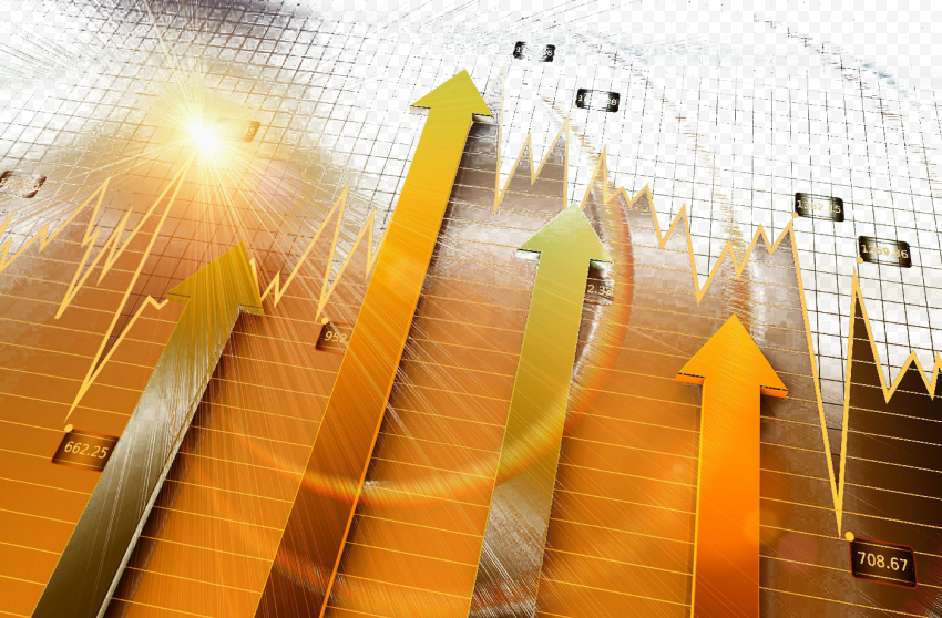 Luminous three dimensional golden arrow up, three dimensional arrow, arrow background, trend background