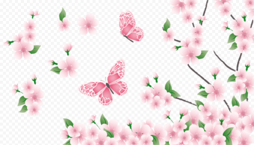 spring branch with pink flowers and butterflies