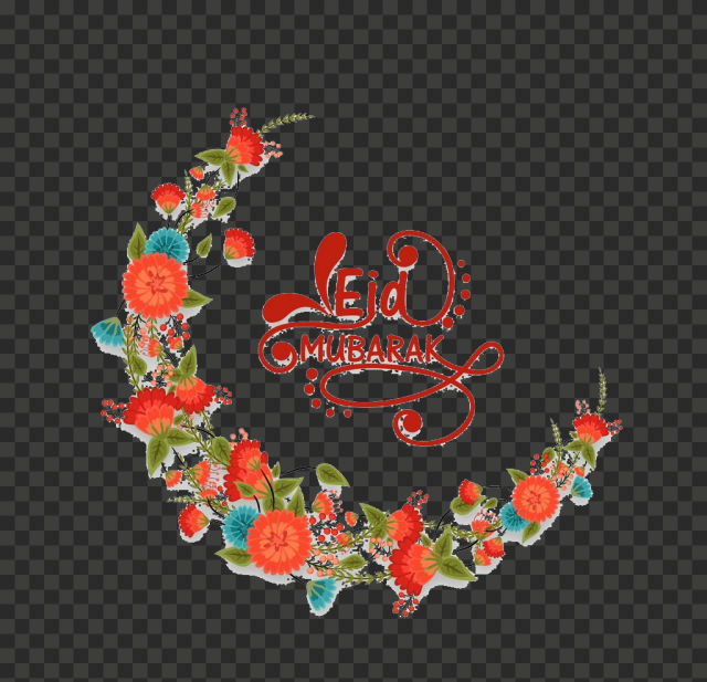 Eid Mubarak Eid al Adha Eid al Fitr Islam Illustration, An Islamic flower; a moon pattern, Ejd Mubarak text with flowers illustration, leaf, heart, flower