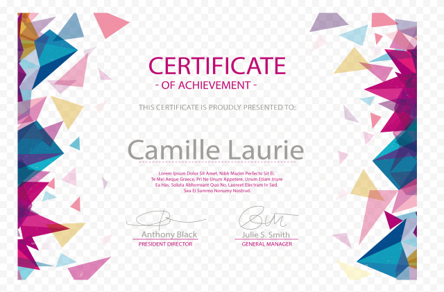 Diploma Euclidean Academic certificate Graduation ceremony Akademickxfd certifikxe1t, Color triangle floating pattern border certificate, certificate for Camille Laurie, border, color Splash png